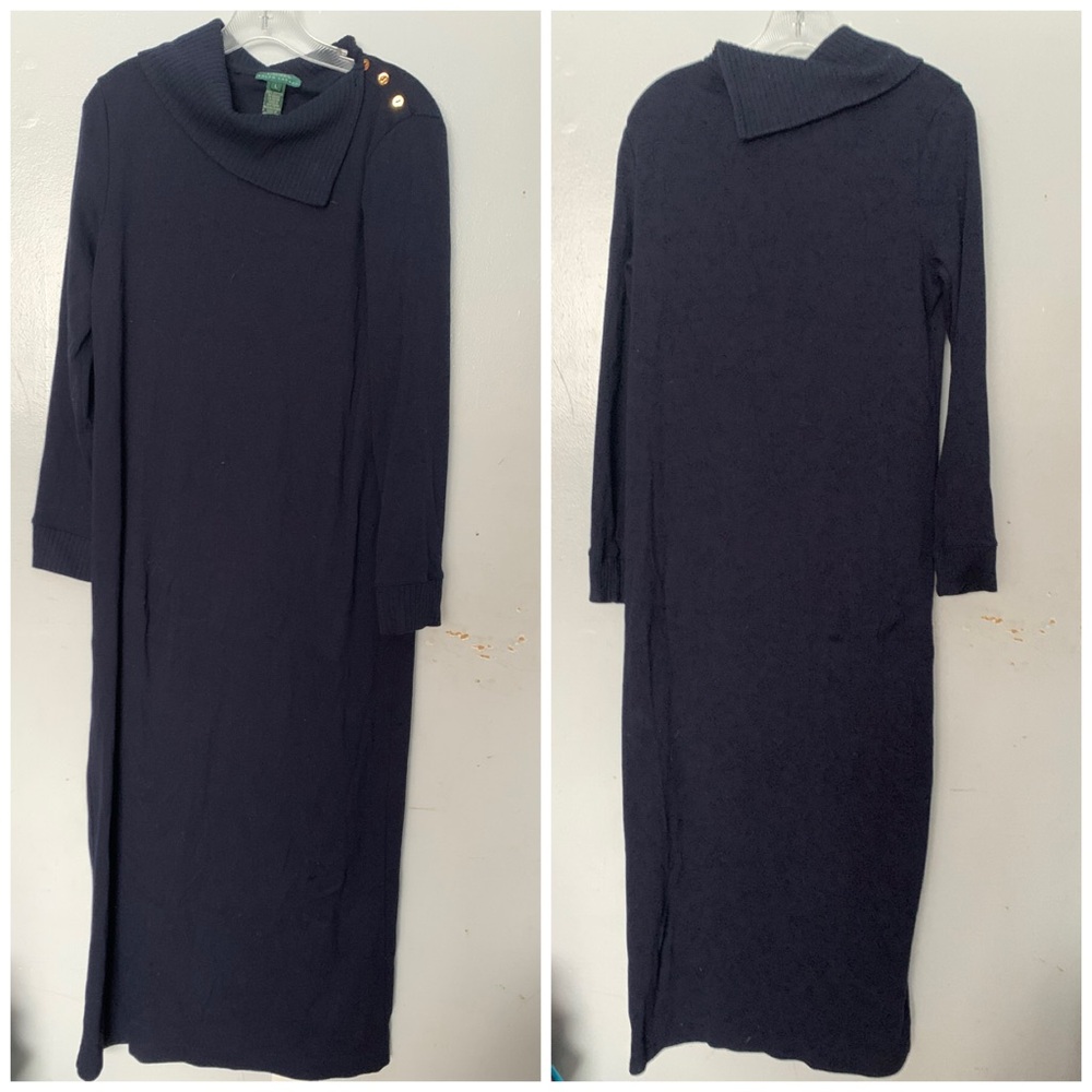 Lauren Ralph Lauren Black Maxi Sweater Dress with Gold Buttons 100% Cotton